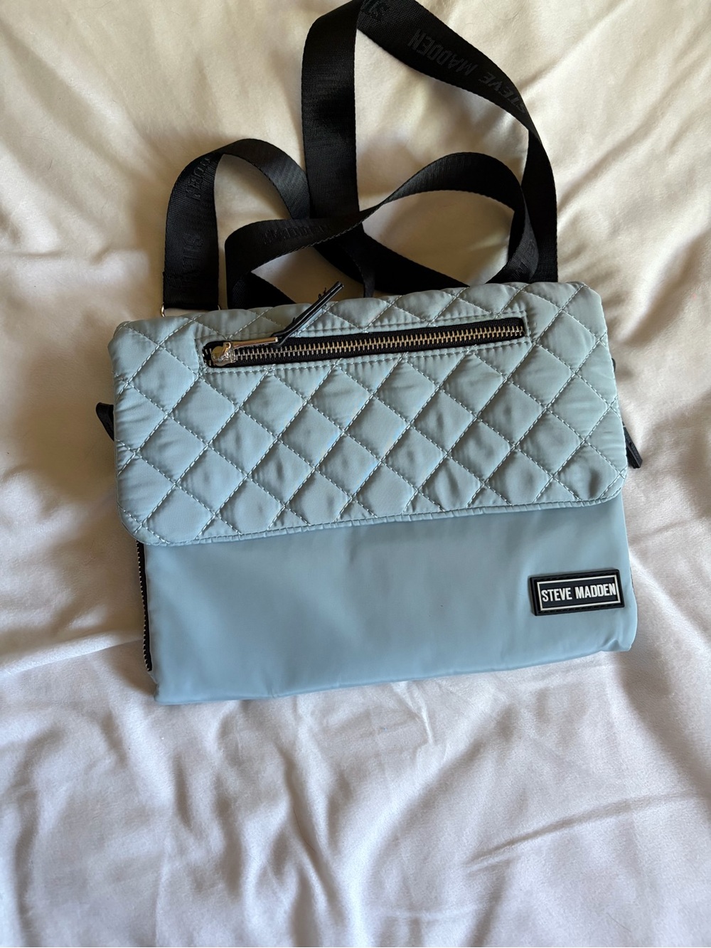 Steve Madden Quilted Flap Crossbody in Sky Blue with Black Strap
